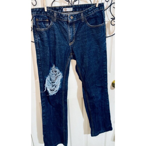 DICKIES Jeans Ladies Sz34 Relaxed Fit Ripped Dark Wash 28in Inseam 38In Outseam - Picture 1 of 11